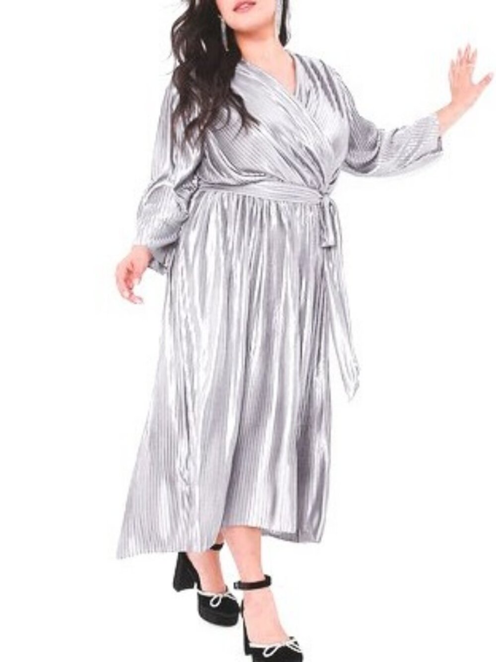 Lane Bryant Silver Metallic ¾ Sleeve Surplice Neck Pleated Soft Dress  Sz 24 NWT